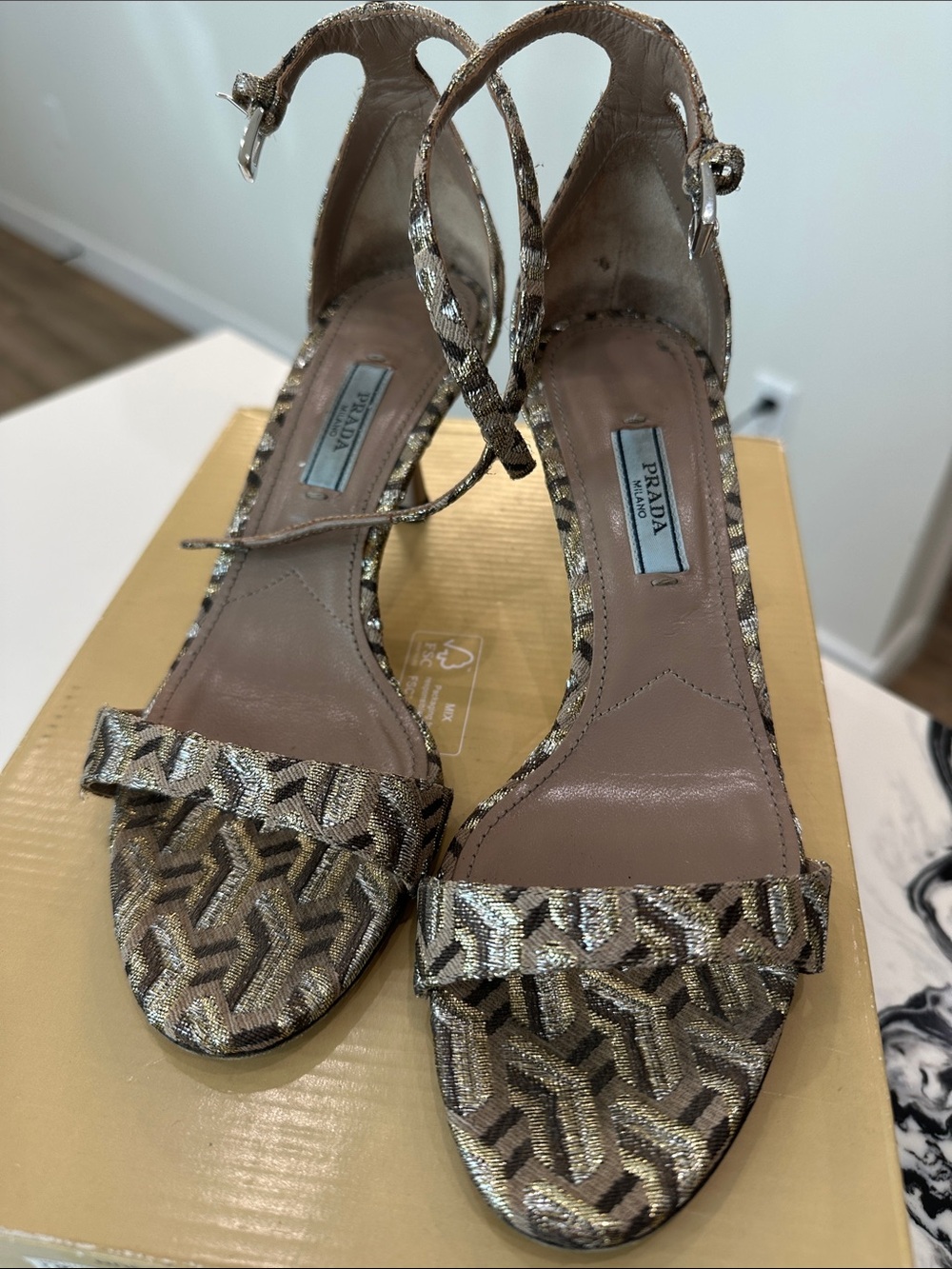 Prada Gold and Brown Patterned Slingback Heels